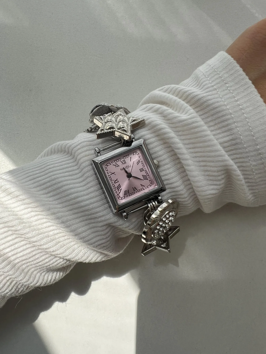 Vintage Pink Charm Watch - Silver Elegance